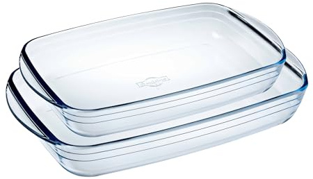 Ôcuisine® Rectangular Glass Baking & Roasting Dishes | Extreme Resistance | Oven Safe | Set of 2 Rectangular Glass Lasagne Dishes (35 x 22 cm, 40 x 27 cm)
