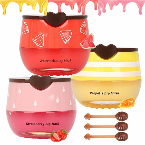 3 PCS Bee Lip Balm Lip Mask Honey Pot, Mothers Day Gifts, Honey & Strawberry & Watermelon Lip Sleeping Mask Overnight Moisturizing Honey Lip Balm, Teacher Appreciation Gifts, Birthday Party Favors