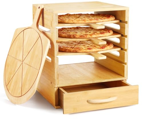 Essenhome Pizzaschaufel aus Holz mit Gewürzschublade, inklusive 10,2 x 30,5 cm antihaftbeschichteter Bambus-Pizzabretter mit 6 Scheibenrillen, Echtholz-Pizzaschaufel für Pizza oder Brotkuchen