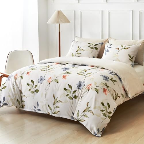 Lekesky Juego de funda de edredón tamaño king, ropa de cama floral, microfibra suave, 2 fundas de almohada a juego, 230 x 220 cm, blanco/floral