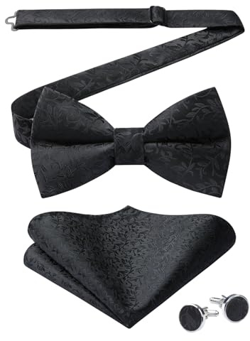 HISDERN Herren Paisley Fliege und Einstecktuch mit Manschettenknöpfe Set,Schleife mit Haken - Bereits Gfebunden，Verstellbare Fliege,Vorgebundene Fliege,für Hochzeit Sfeier Weihnachten Halloween