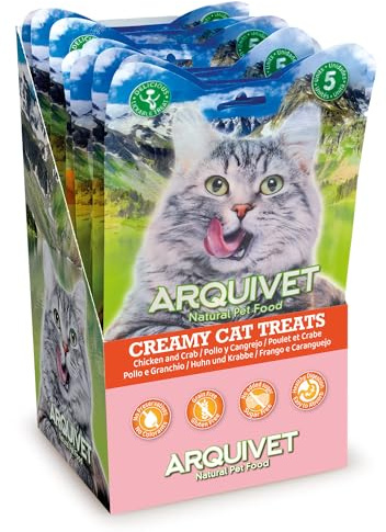 Arquivet - Creamy Cat Treats - Cremiger Hühnchen-Krabben-Snack (Display mit 12 Beuteln à 5x14 g) - für Katzen