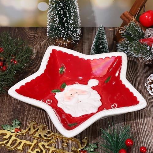 JarThenaAMCS Christmas Ceramic Candy Bowl Red Xmas Santa Candy Dish Holiday Party Treat Plates for Biscuit Sugar Sweets Table Decoration Supplies