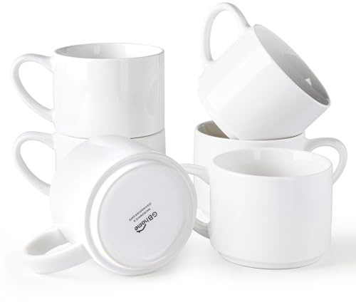 GBhome 14 OZ Coffee Mugs Set of 6, Stackable Ceramic Mugs for Men, Women, Modern Coffee Mugs With Stable Base for Latte,Tea,Cappuccino. Dishwasher & Microwave Safe, White