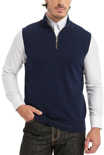 Kallspin Maglione da uomo in cotone con zip a tre quarti, senza maniche, con collo a lupetto, in maglia, pullover casual elegante, blu navy, XL