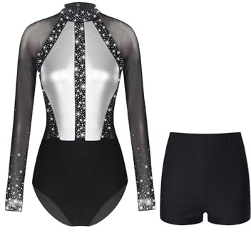 Nyeemya Damen Turnanzug Langarm Gymnastikanzug Strass Glitzer Ballettanzug Stehkragen Ballett Trikot Tanzbody + Tanz Shorts Turn Outfit