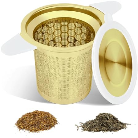 Teesieb mit Deckel Edelstahl Gold 1 Stk für Losen Tee Passend für Tassen | Extra Feinmaschiger Teefilter, Praktische Abtropfschale, Für Tee-Schalen, Spülmaschinenfest