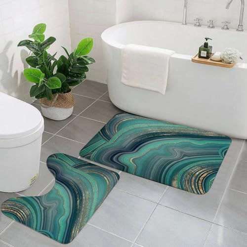 EYLOZS Badezimmerteppich Set 2 Teilig Waschbar rutschfeste Badematte Toilettenmatte Weich Saugfähige Badteppiche,Marmorierter blau-weiß-grüner und türkisfarbener Abstrakter Hgrund. Flüssiges Marmormu