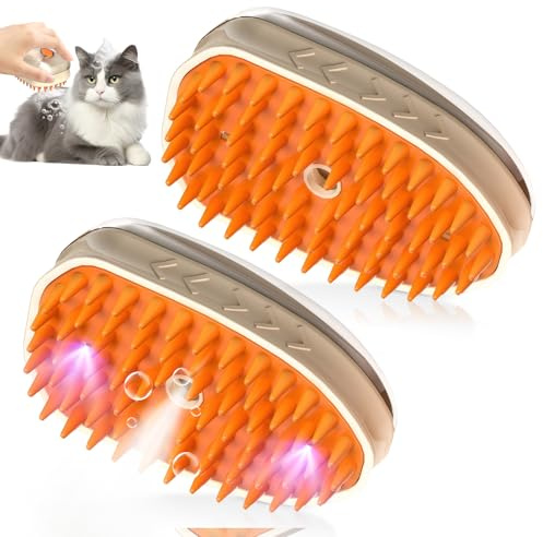 2 Stück Katzen-Dampfbürste – 4-in-1 Katzen-Dampfbürste zum Ausfallen, wiederaufladbare Dampf-Katzenbürste, Dampfbürste für Hunde, Dampfbürste für Haarausfall mit echtem Dampf, Lampe, elektrische