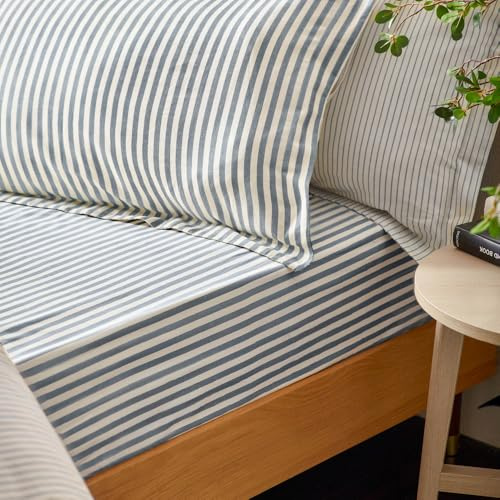 furn. Yard Hebden Mélange Stripe 100% Baumwolle Kissenbezug Paar – Weiches Strukturiertes Gestreiftes Design (Marine – 50x75cm)