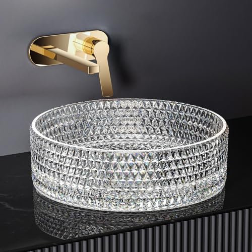 EMKE Lavabo da montare in vetro, lavandino rotondo trasparente, 360 x 360 x 112 mm, lavabo di alta qualità per bagno e WC ospiti, lavabo senza foro per rubinetto