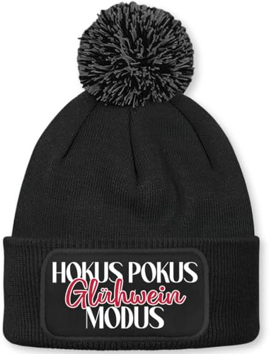Prozente Momente Hokus Pokus Glühwein Modus - Beanie mit Bommel | Strickmütze | Wollmütze | Beanie mit Druck | lustige Sprüche | Apres-Ski | Winter | Schwarz