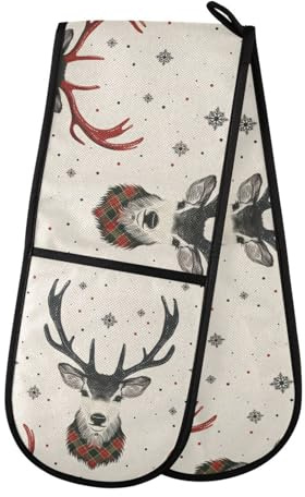 Gants de cuisine doubles pour four, motif cerf des neiges, beiges, résistants à la chaleur, matelassés, pour barbecue, pâtisserie, cuisine