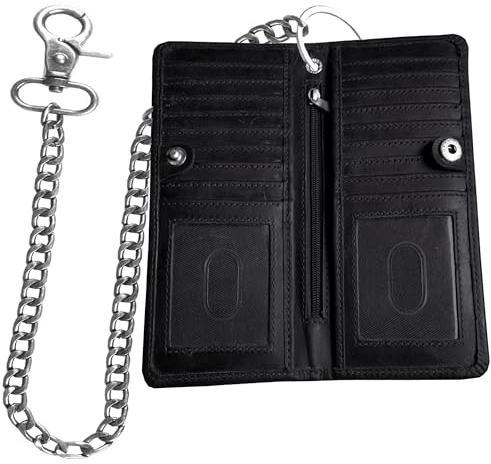 IBRO Long Bifold Chain Wallet – RFID Blocking Biker Wallet for Men – Premium Leather Motorcycle Chain Wallet Crazy Horse Black