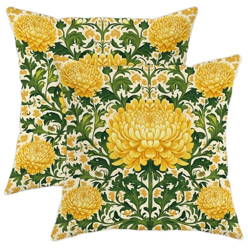 Chrysanthemen-Kissenbezüge, 2er-Set, gelbes Blumenmuster, dekorativ, quadratisch, Couchüberzüge für Zuhause, Sofa, Bett, Schlafsaal, 50,8 x 50,8 cm