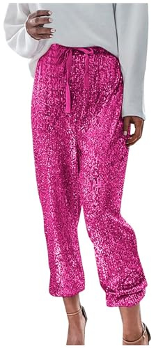 Pailettenhose Damen Stilvoll Glitzer Freizeithosen Disco Tanz Bühnenperformance Party Karnevalskostüme Streetwear Hohe Taille Gerades Bein Elastischer Bund Lässig hose Frauen Baggy Trousers (XXL)