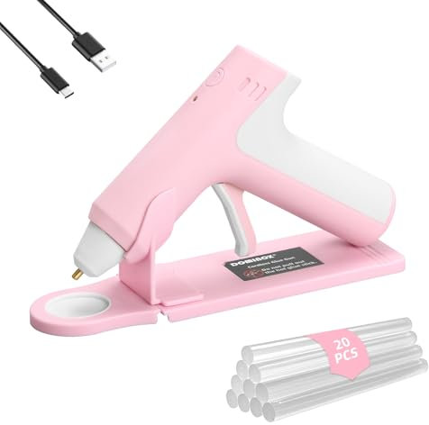 DOMINOX 4V Pistola Colla a Caldo Senza Fili con 20 Stick di Colla, 25s Preriscaldamento Rapido, 2000mAh Batteria, Spegnimento Intelligente, per Artigianato, fai da te, Riparazioni per la casa, Rosa