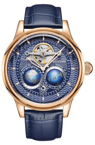 SEAKOSS Reloj de lujo para hombre, 47 mm, doble globo, automático, reloj mecánico, dispositivo de volante, reloj de vestir para hombre, Rosa Blanco Marrón