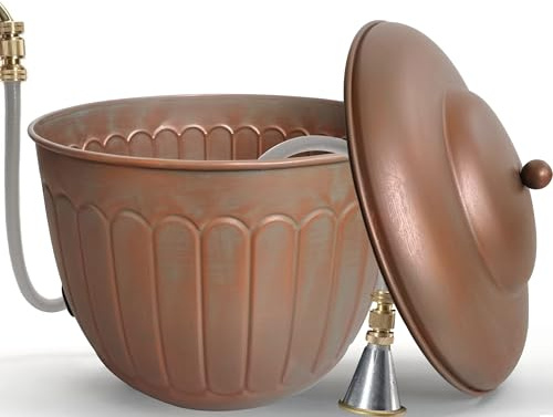 Garden Water Hose Holder - Decorative Metal Pot, Metal Hose Storage Pot, Garden Storage Organizer, Patio Portable Bucket - Antique Copper Accents, Holds up to 100ft Hoses (Embossed)