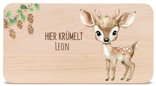 GRAVURZEILE - Bedrucktes Frühstücksbrettchen aus Holz - Hier Krümelt Reh - Personalisiert mit Namen - Geschenk für Kinder - Lebensmittelechter, umweltfreundlich Druck (GreenGuard Gold)