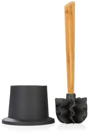 SAUBA Toilettenbürste LOOWY Woodline Kunststofftopf dunkelgrau | Set mit Toilettenbürstenhalter und zusätzlichem Ersatzkopf | Klobürste Holz mit Halterung für WC & Bad | hygiensich & reinigungsstark