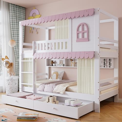 Litera 90x200cm con protección contra caídas Ventanas estantería Abierta Alero Rosa Cama Individual con 2 cajones con Ruedas Cama Alta Pino+MDF Juvenil Cama Invitados Blanco+Rosa con Cortinas
