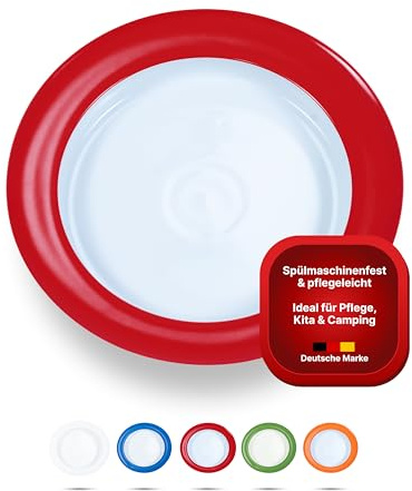 iuvas® unisonoPLUS Suppenteller Porzellan Rot 22 cm – Spezialteller mit Schiebekante, rutschfest, spülmaschinen- & mikrowellengeeignet – Ideal für Senioren & Menschen mit eingeschränkter Handfunktion