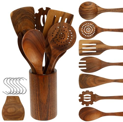 16-teiliges Kochutensilien Set Holz, Küchenhelfer Teakholz mit Pfannenwender Holzspatel Salatgabel Holzlöffel Schöpfkelle Nudelheber Servierlöffel Sieb, Holz Kochbesteck Set Antihaft mit Haken Halter