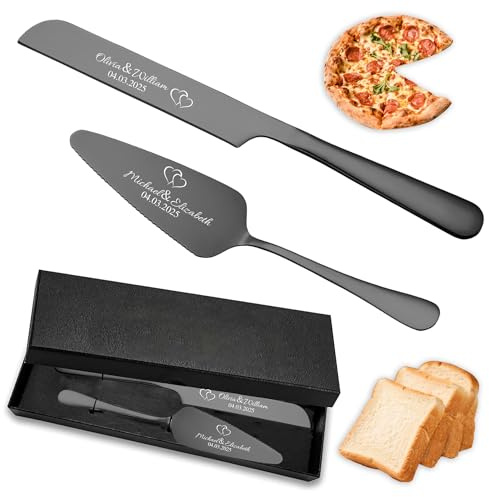 JLSKCN Tortenheber Set mit Tortenmesser und persönlicher Gravur, Hochzeitsgeschenke für Brautpaar, Persönlich gravierte Tortenbestecke für Hochzeit, Jahrestag, Geburtstag - Geschenkbox inklusive