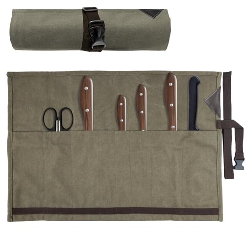 Sweetfularyeen Malette Couteaux, Rangement en Rouleau Pliable, 8 Compartiments, Jusqu'à 10 cm de Couteau, Sac de Couteau du Chef, Fixation de Cordon Enveloppant, Adapté au Camping, Cuisine, etc