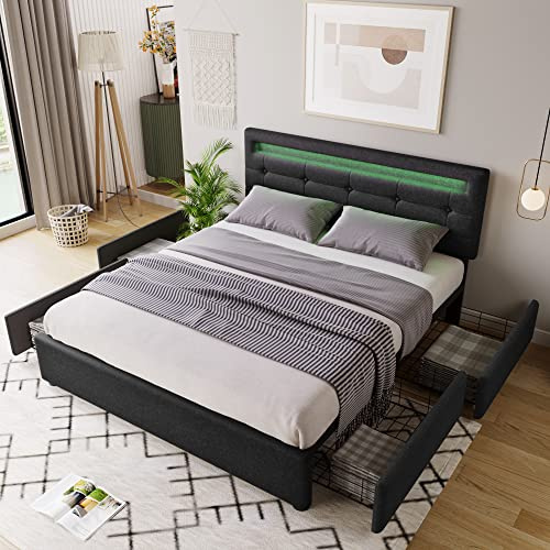 HESHU Polsterbett 140x200 cm, Doppelbett mit 4 Schubladen, Höhenverstellbares Kopfteil mit LED, Bettgestell für Jugendliche Erwachsene, Leinen, Schwarz, ohne Matratze