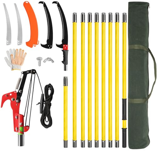 Outopee 30FT Pole Pruning Saw, Manual Pole Saw Long Handle Pruner Set, Telescopic Tree Trimmers Garden Tools with Sharp Blade, Scissors, Carry Bag for Pruning Palms and Shrubs High Branches, Yellow