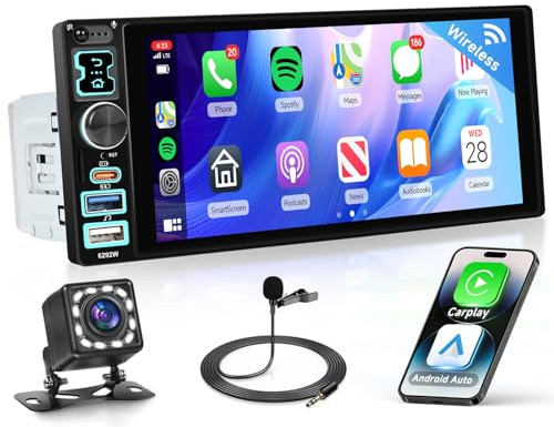 VECHTEL 6,8 Autoradio 1 Din con Carplay Android Auto Wireless,Bluetooth Radio FM con touchscreen IPS,inchiostro a specchio,EQ,WiFi Navi GPS,USB/Type-C,autoradio con schermo/comandi al volante