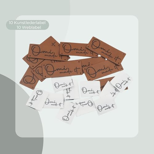 Omi made it Label Set,20 Stück,zum Annähen,Kunstleder & Weblabel,Handmade Label Kleidung,DIY-Projekte,braune Nähetiketten,Etiketten,Einnähen,Nähen,DIY,Nählabel,Textiletiketten,Nähzubehör