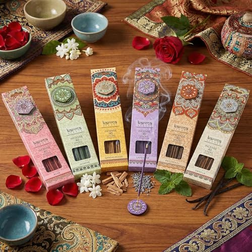 MIJOMA Räucherstäbchen Set 6 Sorten à 40 Sticks + Halter – Handgerollt aus Indien – Rose Jasmin Sandelholz Lavendel Patchouli Vanille – Aromatherapie Geschenkset