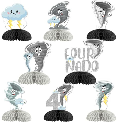 Fournado Birthday Party Decoration Grey Tornado 4th Birthday Party Honeycomb Centerpiece, Weather Storm Lightning Table Decor Four Nado Tornado Birthday Baby Shower Party Supplies