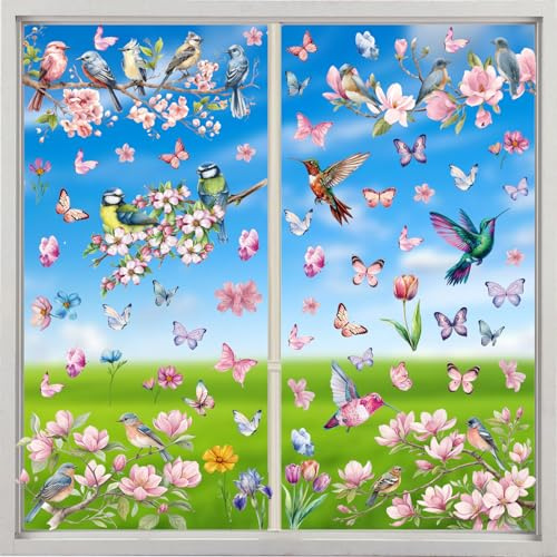9 hojas, 69 unidades, pegatinas para ventanas de primavera, autoadhesivas, flores, pájaro, decoración de primavera, pegatinas de doble cara, reutilizables, de PVC, para ventanas de cristal