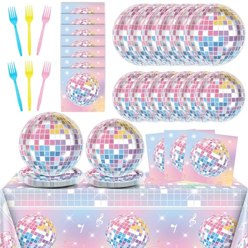 98 Pcs Pastel Singer Birthday Plates and Napkins Disco Ball Party Decorations Music Theme Birthday Tablecloth Disco Ball Paper Dinnerware Tableware Set for 24 Guests Wedding Anniversary Party Supplies