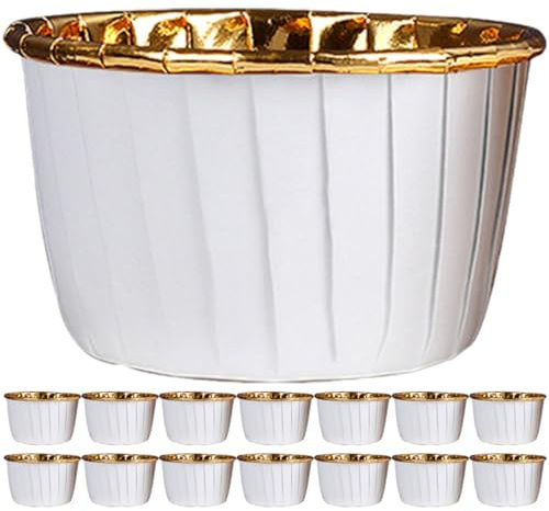 ULTECHNOVO Lot de 50 Moules à Muffins en Papier Alimentaire Résistant Haute Température, Antiadhésifs, Blanc Bord Doré, Caissettes Pratiques pour Pâtisserie, Fêtes, Anniversaires et Usage