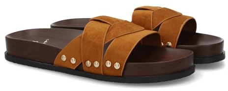 shoes&blues.es Sandalia Plana Tipo Pala de Mujer con Diseno Minimalista, Tiras entrelazadas y Tachuelas. Suela Estilo Madera, Comoda, Flexible y Ligera, Ideal para el Dia a Dia.