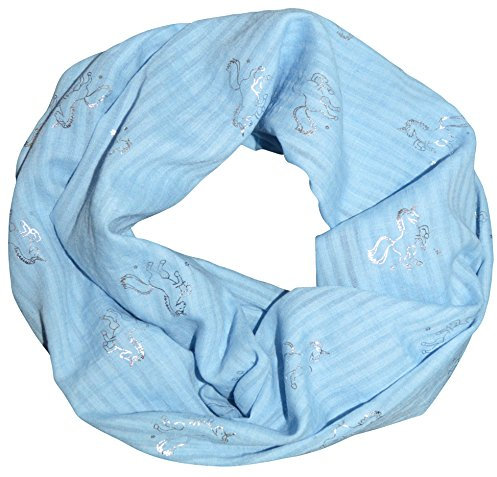 thb Richter Loopschal Schlauchschal mit Einhorn Unicorn Blazing-Star Muster Pferd Horse Sternchen Stern Metallic Glitzer Glanz Schal Rundschal Leicht Weich Soft (Hellblau)