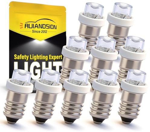 Ruiandsion Lot de 10 ampoules LED E10 12V Blanc/bleu/rouge/vert/jaune E10 Base Ampoule LED mise à niveau pour phares de poche lampe de poche lampe frontale mini lampe frontale, terre négative, blanc