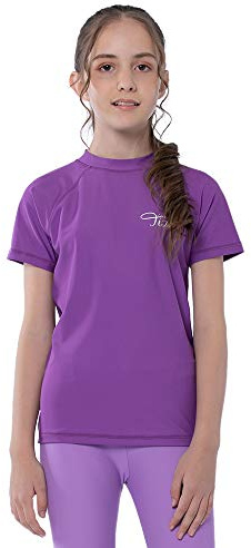 TIZAX Girls Short Sleeve Swimming Shirts Kids Sun Protection Rash Vest Children Rash Guard Quick Drying Purple 5 Years