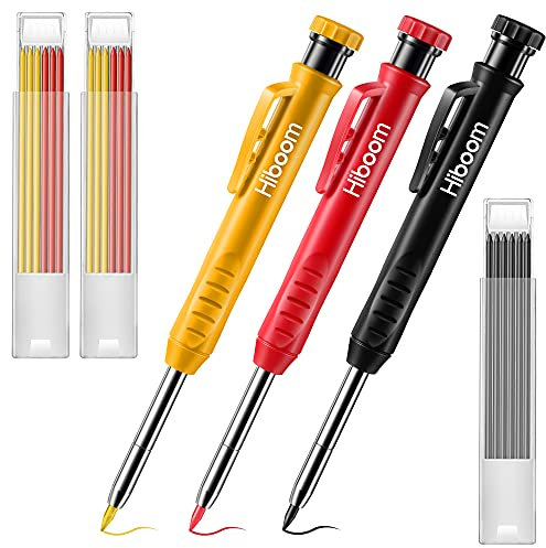 Hiboom 3 Tieflochmarker Bleistifte Zimmermannsbleistifte mit 21 Minen Ölhaltig Druckbleistift mit Eingebaut Spitzer Baustelle Stifte mit Geschmacksmuster (Gelb, Rot, Schwarz Abdeckung)