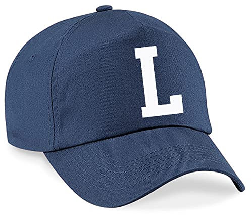 4sold Lässige 100% Baumwolle Atmungsaktiv Alphabet A-Z Marineblau Caps Weiß Brief Hut Hüte Unisex Jungen Mädchen Cap Baseball Kinder Mütze Kappe Buchstabe (L)