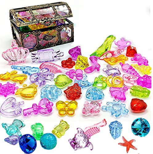 BBAOO Tauchjuwelen, 58 Acryl Edelsteine, Pool Edelsteine, Bunte Diamanten Edelsteine Schatzsuche Set, für Kinder, Tauchspielzeug Edelsteine, mit Transparenter Schatztruhe für Kinder Mädchen Junge