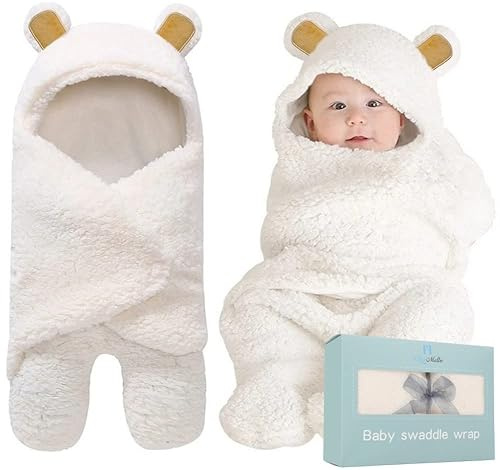 BlueMello Baby Bear Swaddle Blanket, Ultra-Soft Plush, Essential for Infants from 0–6 Months, Swaddling Cloth, White, Ideal Newborn Wishlist and Toddler Boy Accessory, Perfect