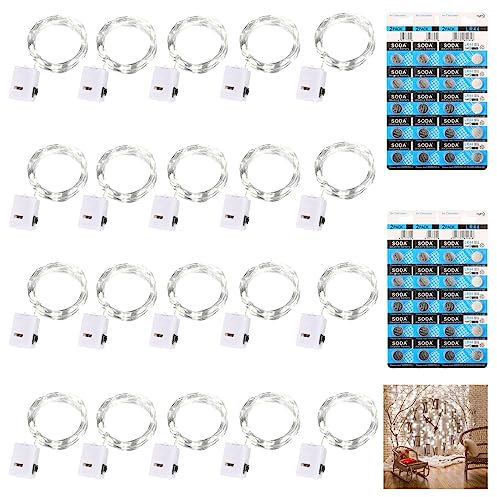 Dooozy Lot de 20 Guirlandes Lumineuses à Piles avec 120 Piles, 2M 20 LEDs Fil Led Lumineux de Cuivre à 3 Modes Étanche pour Décoration Noël Chambre Mariage Soirée Maison Jardin(Blanc Froid)