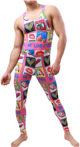 Juflam Traje de lucha libre para hombre, estampado de una pieza, estilo atlético, leotardo, gimnasio, ropa interior, chaleco, Rosa., M