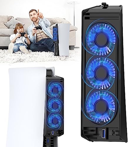 QYCHHJ Cooling Fan for PS5 Cooler Fan for PS5 Accessories with LED Light and 3.0 USB Ports Fan Cooling Fan Compatible with PS5 Host Digital Version or CD Version (Black)